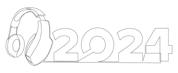 One continuous line of Headset and number 2024. Thin Line Illustration vector concept. Contour Drawing Creative ideas.