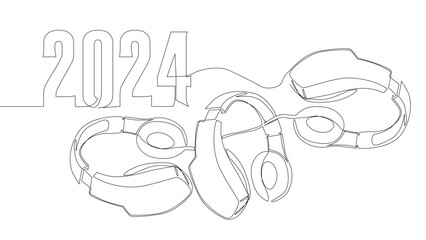 One continuous line of Headset and number 2024. Thin Line Illustration vector concept. Contour Drawing Creative ideas.