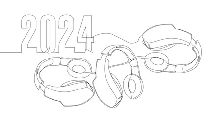 One continuous line of Headset and number 2024. Thin Line Illustration vector concept. Contour Drawing Creative ideas.