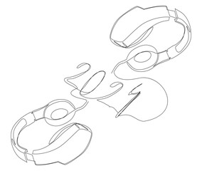 One continuous line of Headset and number 2024. Thin Line Illustration vector concept. Contour Drawing Creative ideas.