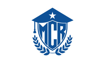 MCR three letter iconic academic logo design vector template. monogram, abstract, school, college, university, graduation cap symbol logo, shield, model, institute, educational, coaching canter, tech