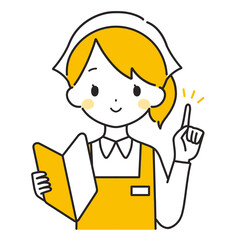 オレンジ色｜初心者マークを持つ三角巾の女性店員｜エプロン