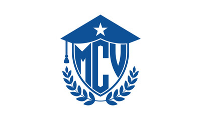 MCV three letter iconic academic logo design vector template. monogram, abstract, school, college, university, graduation cap symbol logo, shield, model, institute, educational, coaching canter, tech