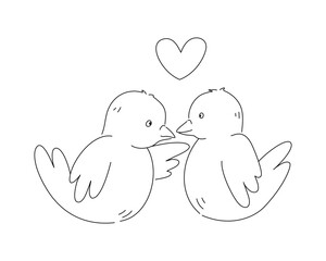 Two birds talking and encourage each other with heart shape symbol in editable line drawing vector.	
