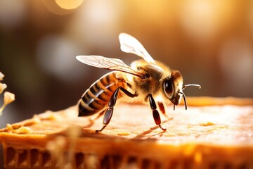 Honey bee sits on a frame in front of a blurred background with shallow depth of field - obrazy, fototapety, plakaty