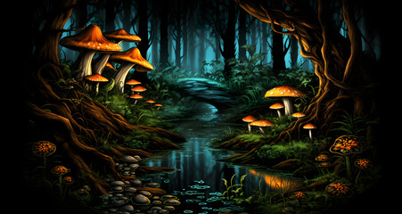 a colorful painting of mushrooms and trees in the forest