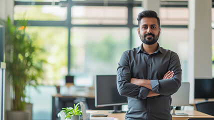 Confident Indian male architect in office with crossed arms