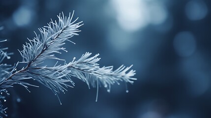  a close up of a pine leaf dark blue background, nature winter photography