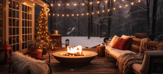 Cozy outdoor patio with fire pit and string lights in winter setting. Home comfort and season decor.