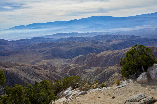 Spectacular panoramic view of the Coachella Valley from Keys View at the top of Joshua Tree National Park in California USA