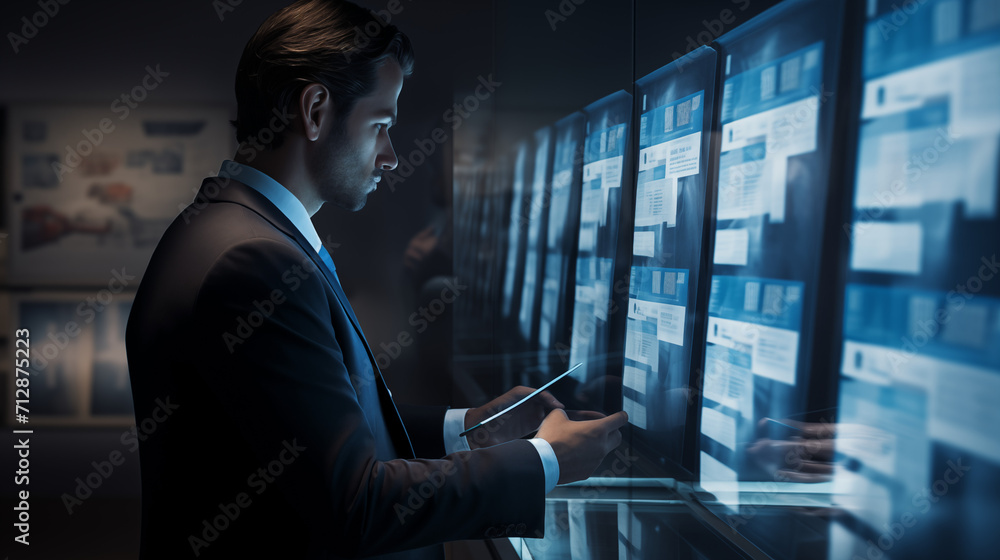 Poster visualize a scene where a businessman is immersed in the process of checking electronic documents an