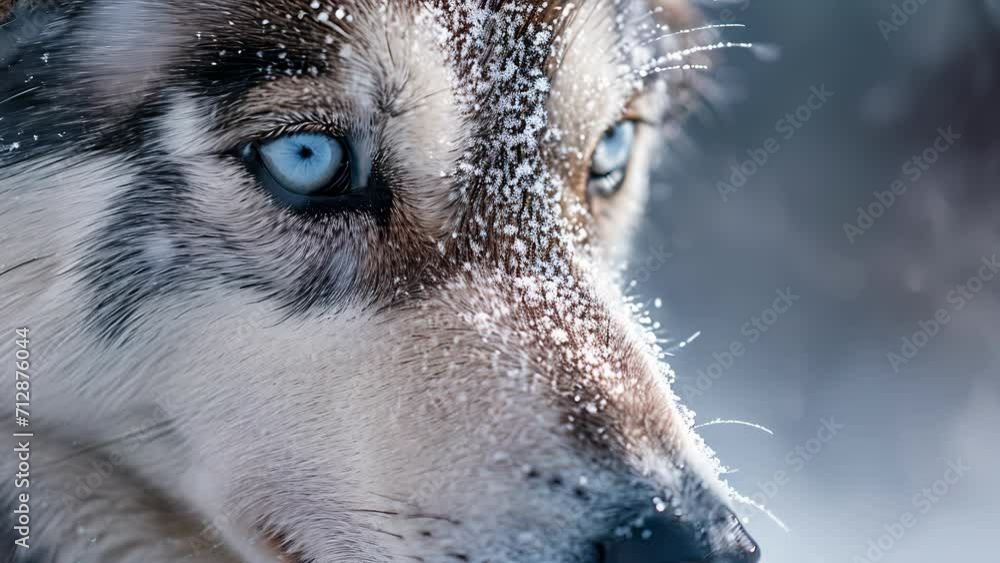 Poster closeup of a huskys face in the midst of a snowstorm its whiskers coated with icy crystals that catc