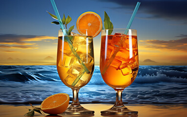 there are two glasses of drinks on the beach with orange slices