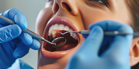Dentist is taking care of the client's teeth - obrazy, fototapety, plakaty
