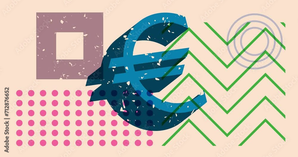 Poster risograph euro currency symbol with geometric shapes animation. moving object in trendy riso graph d