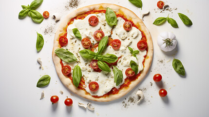 Delicious  pizza with tomatoes and mozzarella on white  background