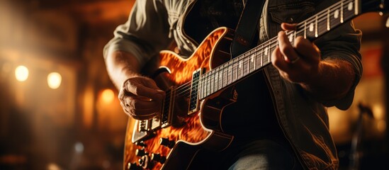 close up of man playing guitar, blurred background
