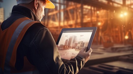 An engineer in a reflective vest and hard hat is examining building plans on a digital tablet at a construction site during sunset. - obrazy, fototapety, plakaty