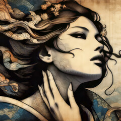 dramatic artistic portrait of geisha with long hair and graphic background
