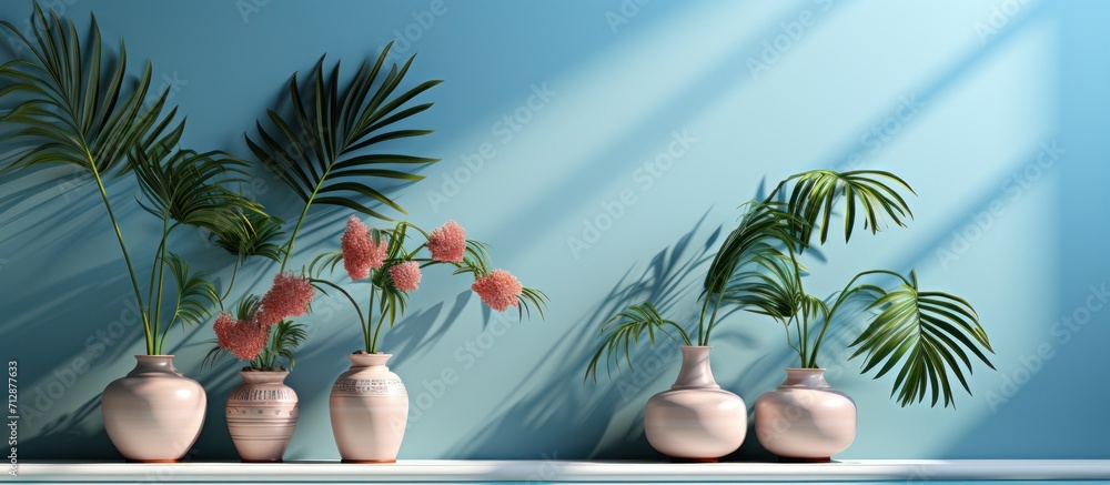 Poster studio interior space with light blue background with shadow of tropical palm leaves. 3d rendering o