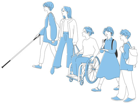 一列に並んだ笑顔の若者｜多様性・障害者も一緒に
