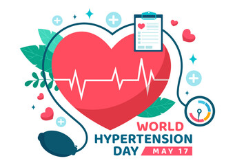 World Hypertension Day Vector Illustration on May 17th with High Blood Pressure, Tensimeter and Red Love Image in Healthcare Flat Background