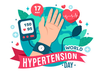 World Hypertension Day Vector Illustration on May 17th with High Blood Pressure, Tensimeter and Red Love Image in Healthcare Flat Background