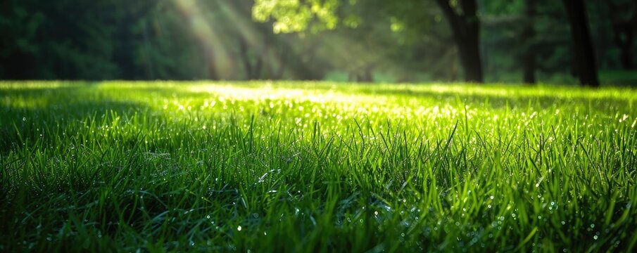 Green grass field in sunny morning