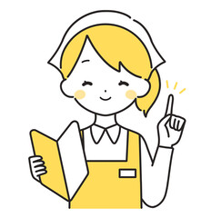 黄色｜初心者マークを持つ三角巾の女性店員｜エプロン