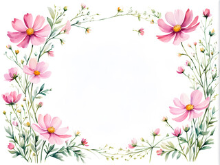 Naklejka premium watercolor-illustration-baby-cosmos-flowers-forming-a-delicate-minimalist-frame-floating-without