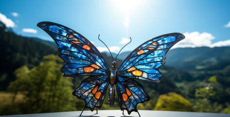 Butterfly in the mountains on a sunny day. 3d rendering, Blue butterfly on the background of the mountains.