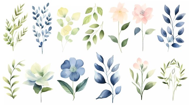 illustration Pink and blue flowers, leaves watercolor flower clip art. generative ai