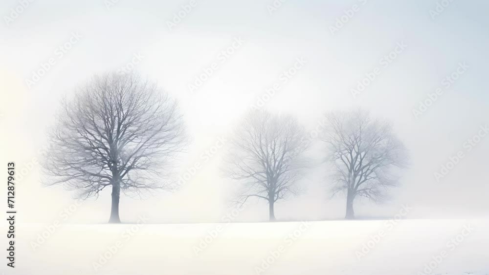 Poster a group of trees standing in a snowy field, surrounded by a thick fog that adds a sense of mystery a