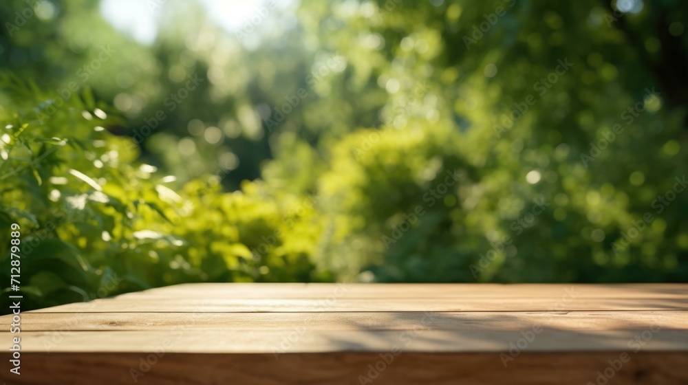 Aufkleber an empty wooden table in front of a green background. generative ai.
