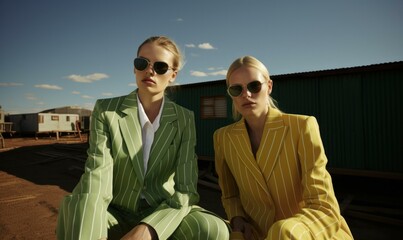 Two women in yellow and green suits sitting on a dirt road. Generative AI.