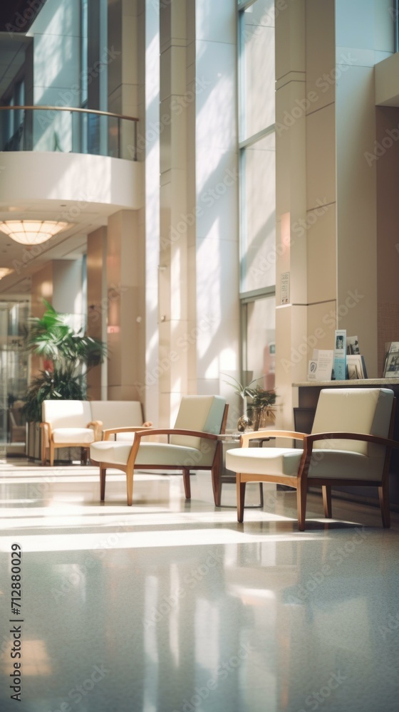 Poster a large lobby with a few chairs and a table. generative ai.