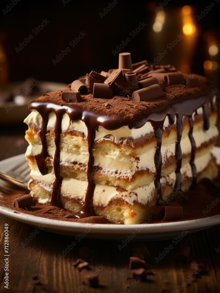 Poster a piece of layered cake with chocolate drizzle on top. generative ai.