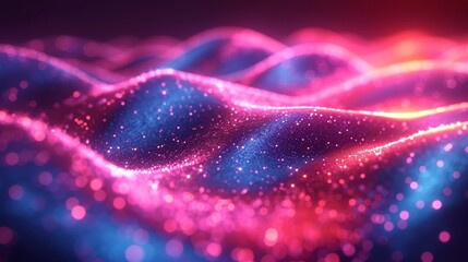 Fluid neon wave in 3D, glowing iridescently. Set against a holographic, colorful abstract background. Realistic HD camera effect.