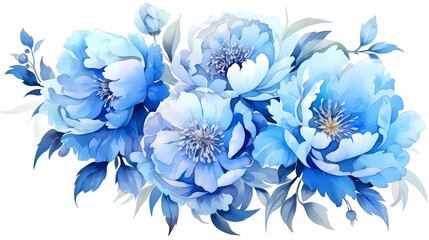 watercolor illustration of light blue flowers, flower clip art. Bouquet of peonies. generative ai