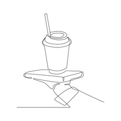 Continuous single line sketch drawing of waitress hand holding tray with coffee drink paper cup. One line art of hot drink cafe restaurant serving vector illustration