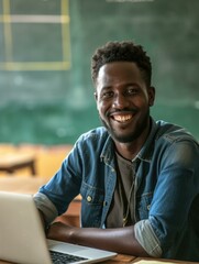 A smiling african man sitting at a desk with a laptop. Generative AI.