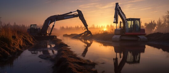 Dredging a canal with two excavators at sunrise - obrazy, fototapety, plakaty