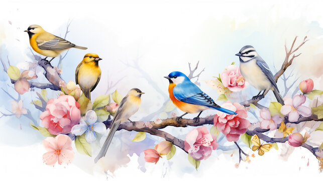 Water color illustration of colorful birds on a tree branch with spring bloom, Generative AI image