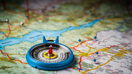 Compass on the map. Conceptual image of travel