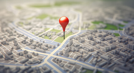 City map with red pin. 3d render. Travel concept.