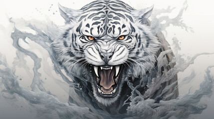 illustration of a silver tiger robot roaring on a colorless background, Generate AI.