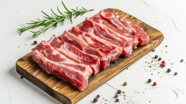 Raw pork ribs with rosemary and peppercorns on white background