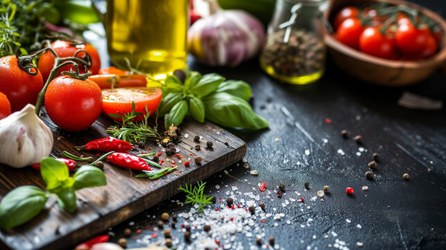 Fresh ingredients for cooking on a black background. Tomatoes, garlic, herbs and spices.