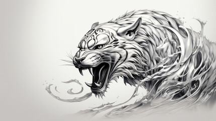 illustration of a silver tiger robot roaring on a colorless background, Generate AI.