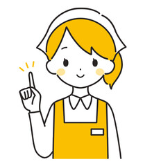 オレンジ色｜指差しをする三角巾の女性店員｜エプロン